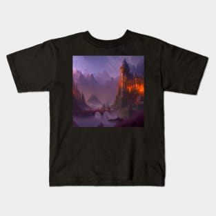 Ai Generated Art Scenery - Mountain Castle with Bridge Kids T-Shirt